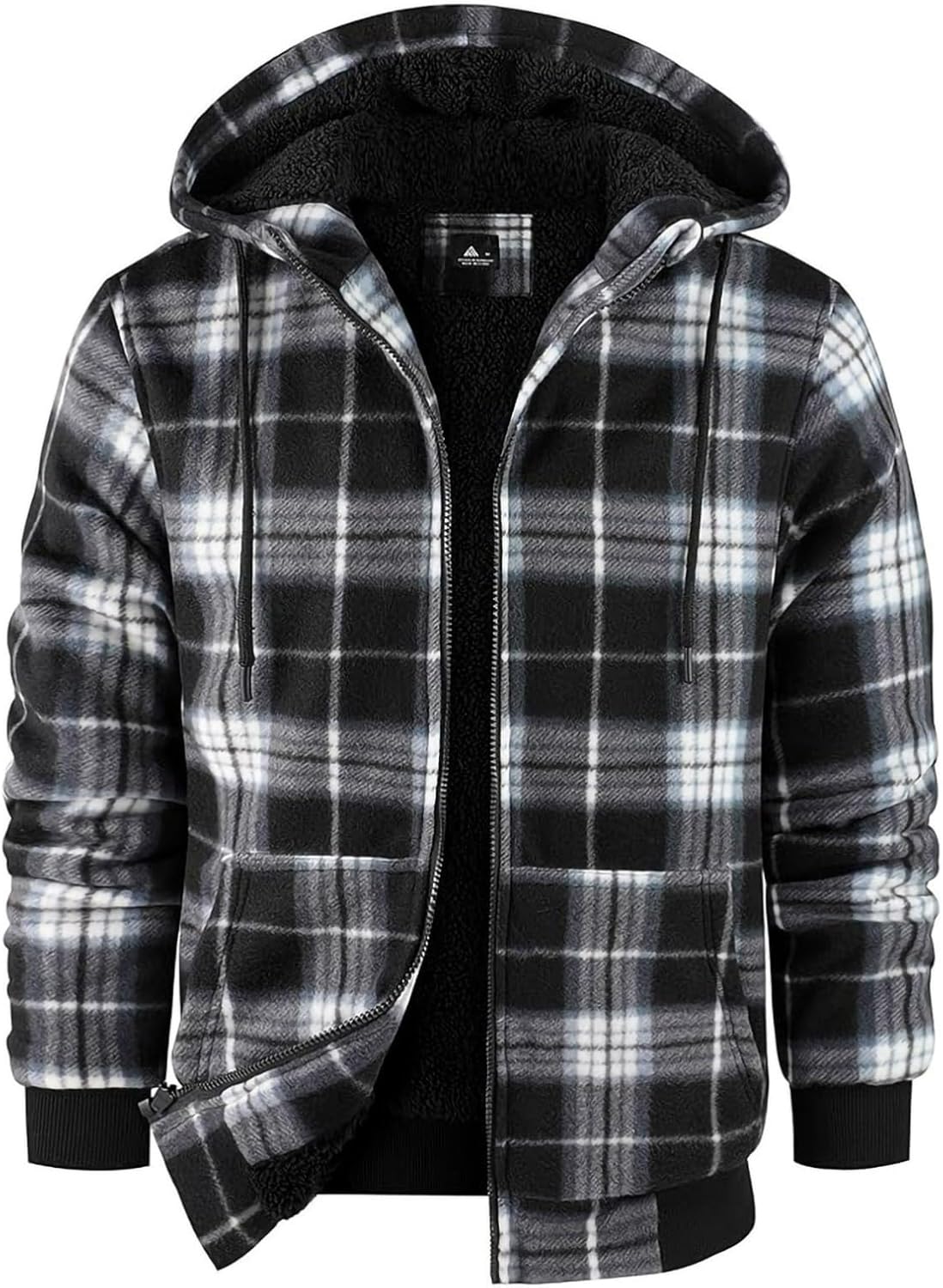 Men's Flannel Plaid Shirts Fleece Sherpa Lined Jacket, Full Zip Up Hooded Sweatshirt Warm Coat with Hood