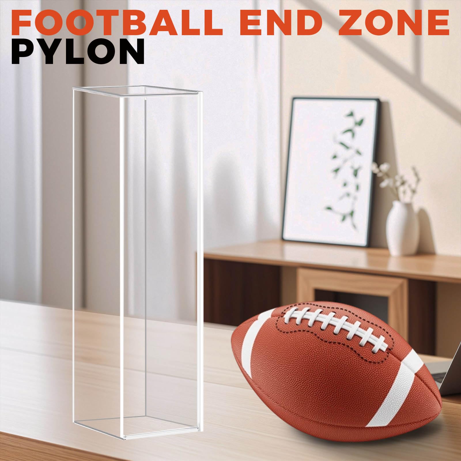 Clear Football End Zone Pylon Display Case - Mirrored Acrylic Shadow Box, 18.7"H X 5"L X 5"W