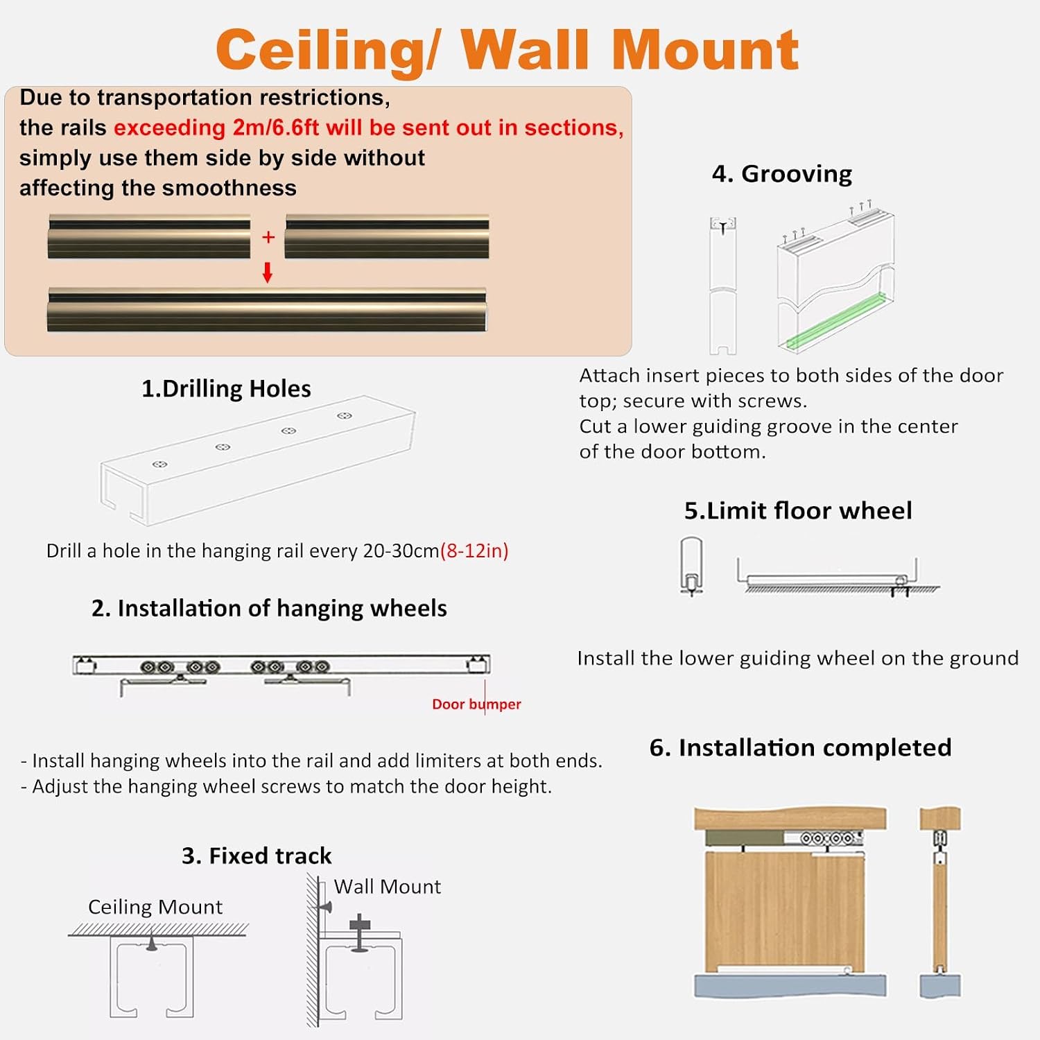 Hidden Pocket Door Track Kit with Bidirectional Damping Buffer, 3 6 9 12 15 18 20 Ft Sliding Door Rail Hardware, Barn Wardrobe Door Tracks for Offices/Study(5ft/60in/1.5m)