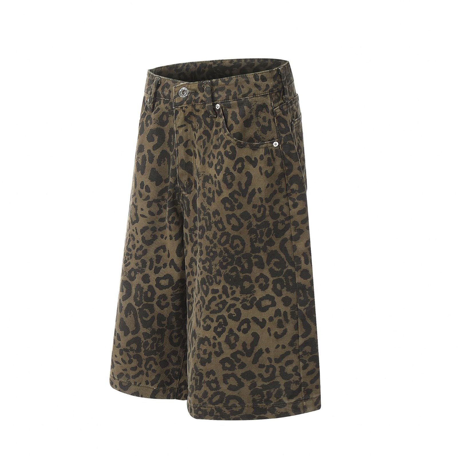 Short bermuda en jean à imprimé léopard pour femme - Taille mi-haute avec poignets rabattables