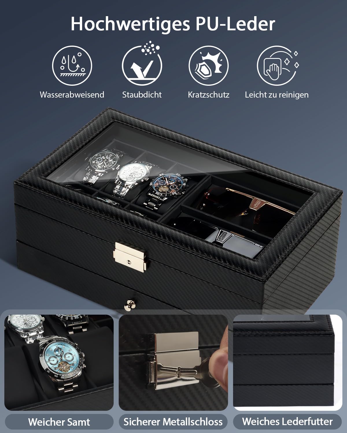 Uhren- und Sonnenbrillenbox mit Glasdeckel – Schmuckkasten für Herren, 6 Fächer, 2 Ebenen, Uhrenetui mit Schloss, Aufbewahrungsbox & Display – Vatertagsgeschenk, Geschenk für Männer