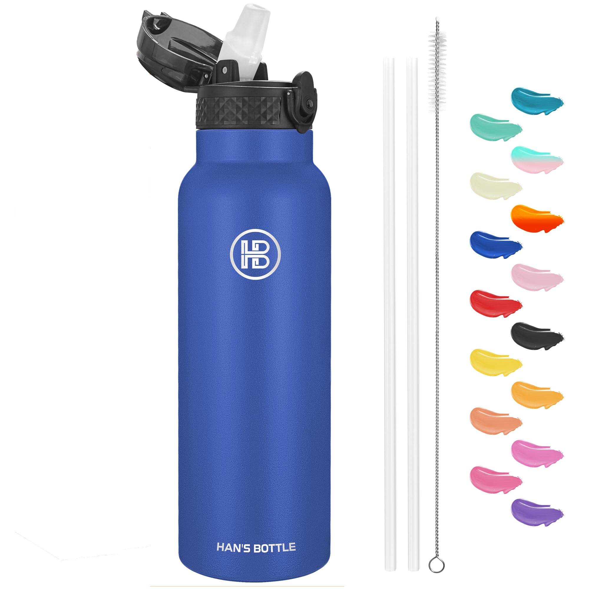 Han's Bottle Sports Water Bottle - 24 Oz, Straw Lid, Leak Proof, Vacuum Insulated Stainless Steel, Double Walled, Thermo Mug,Navy Blue