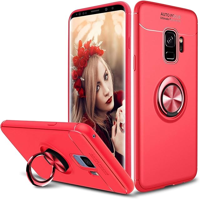 SORAKA Case for Samsung Galaxy S9 with 360 degree rotation Ring Stand Soft Slim Fit Silicone Case Shockproof Anti-fingerprint Case with Metal Plate for Magnetic Car Phone Holder Red