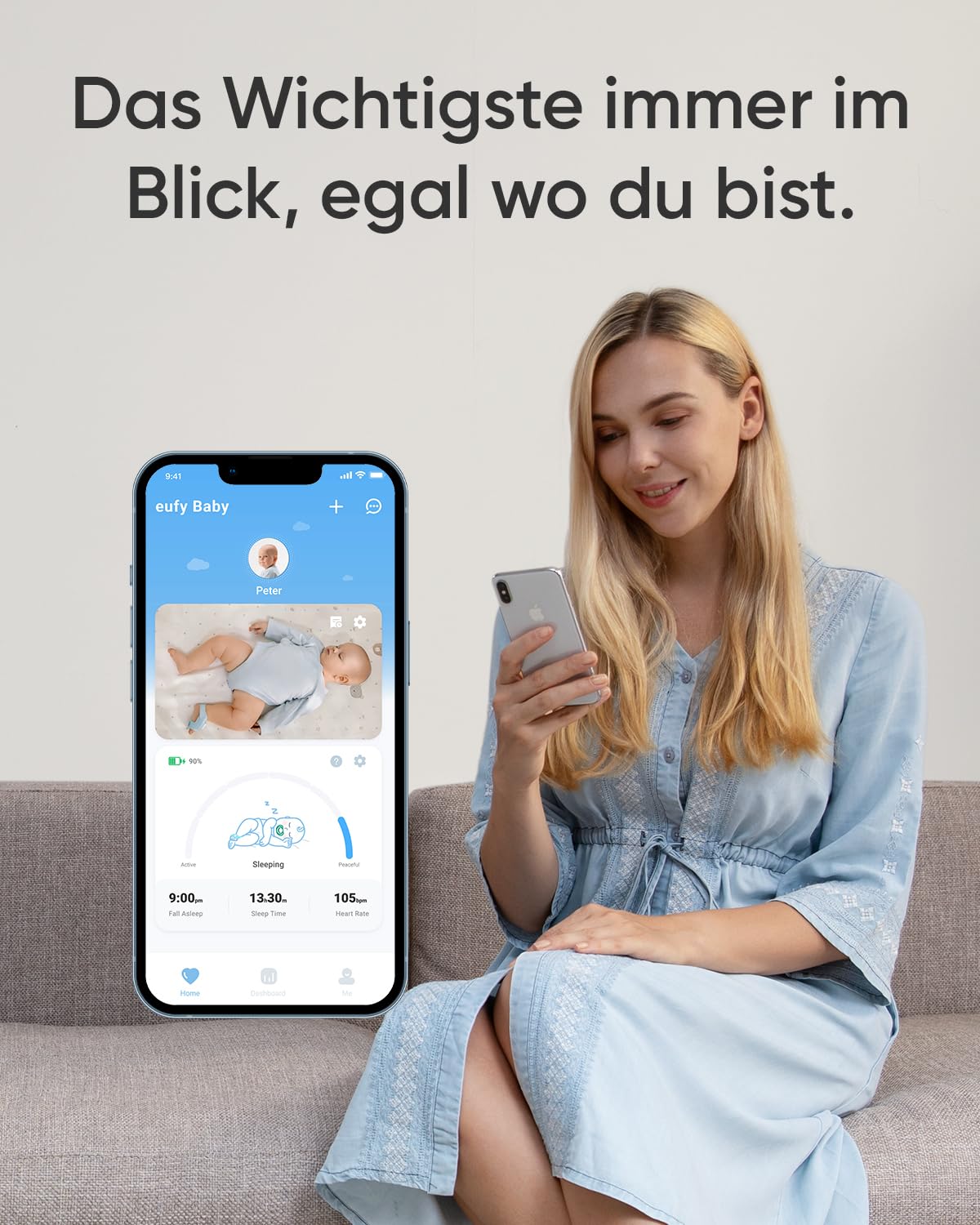 eufy Baby S340 Smart Sock Babyphone, 2,4 GHz WLAN, Überwachung von Schlafmustern, Nickerchen, Puls & Blutsauerstoff, 2K-Kamera, KI-Weinerkennung, Schwenk- & Neigefunktion, Ohne Monatliche Gebühren