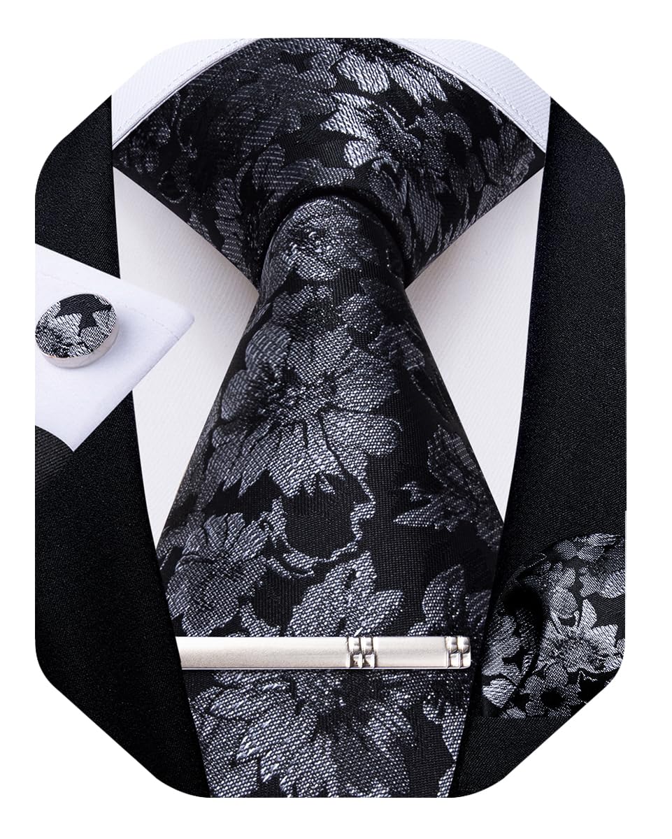DiBanGu Silk Floral Ties for Men Woven Paisley Necktie and Tie Clip Handkerchief Cufflinks Set for Party Wedding