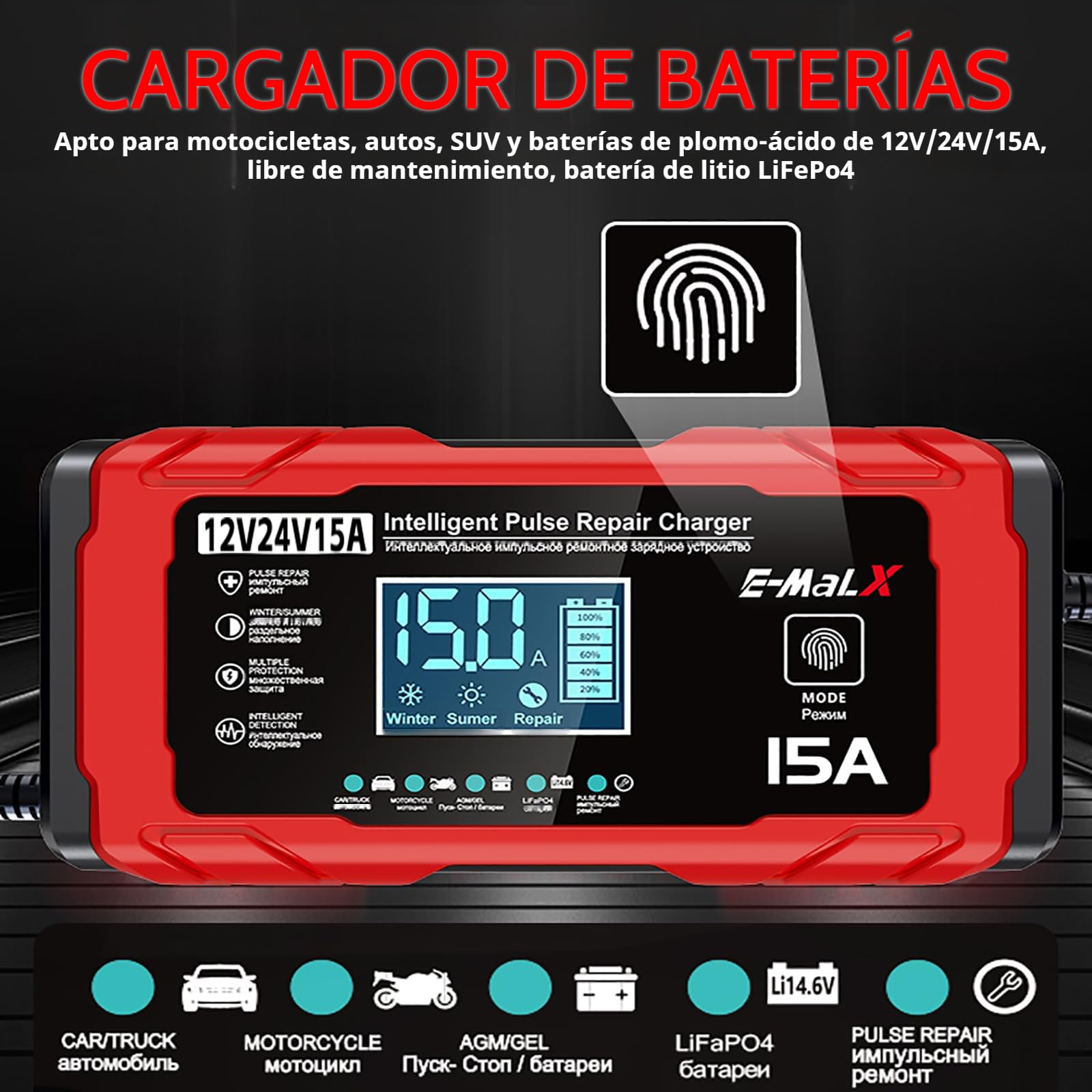 24V 15A Cargador Baterias Coche, 12V 8A Cargador de Bateria y Moto Inteligente Batería de Coche con LCD Cargadors de batería para Auto Moto Camión AGM Gel SLA — view 7