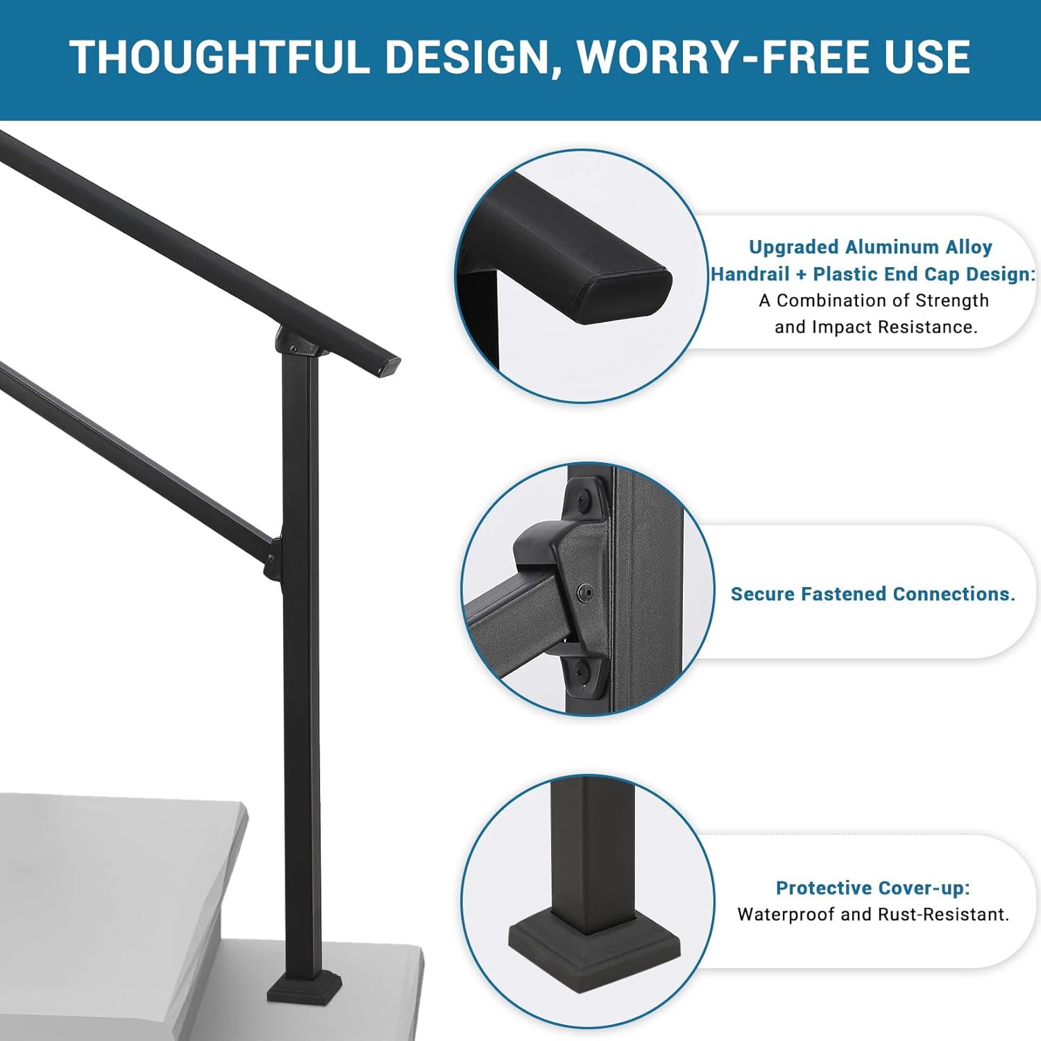 3 Step Handrails for Outdoor Steps, Adjustable Handrails Outdoor, Porch Han drails for Stairs Fit 2-3 Steps, Metal Porch Railing, Black kit, Upgrade Aluminium