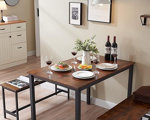 Miniatura 5 de Mesa de cocina con 2 bancos, juego de mesa de comedor, mesa de madera y marco de metal, juego de mesa de desayuno para espacios pequeños,