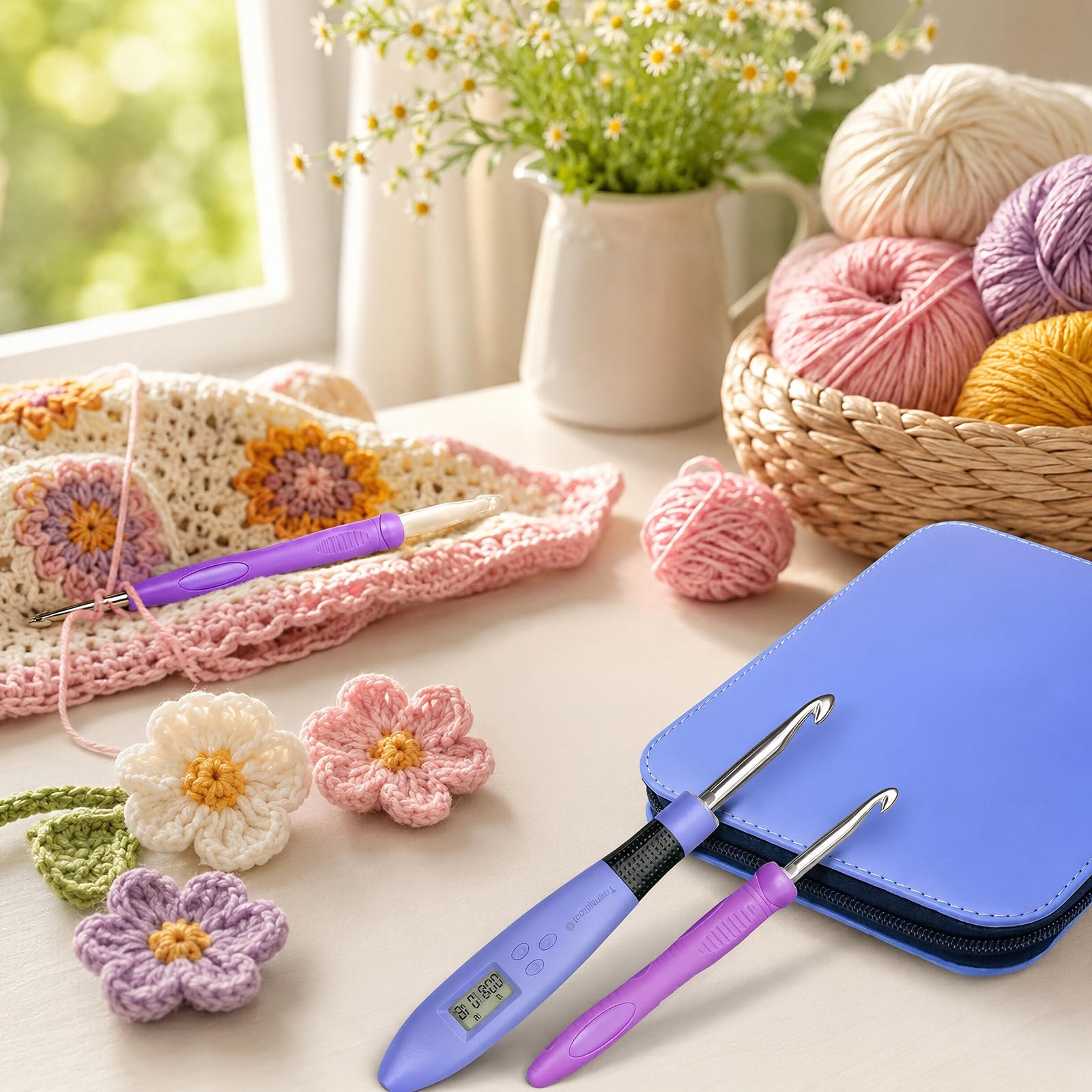 Beleuchtetes Digitale Häkelnadel Set 24 Größen Für Anfänger,2mm-14mm,Blau | Häkelnadeln Set Austauschbar,Stich- und Reihenzähler Stricken,Ergonomische Beleuchtete Häkelnadeln2.5,3.5,4,6,8