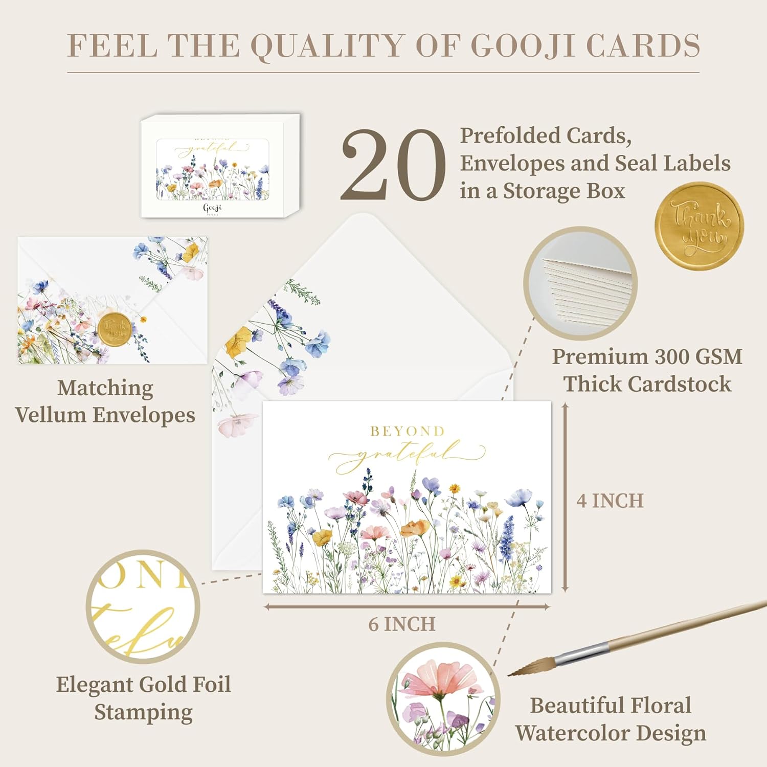 Gooji 4x6 Meadow Bloom Beyond Grateful Floral Thank You Cards, Bridal Shower, Wedding, Baby Shower, Birthday, Small Business (Bulk 20 Pack) Vellum Envelopes - Image 3