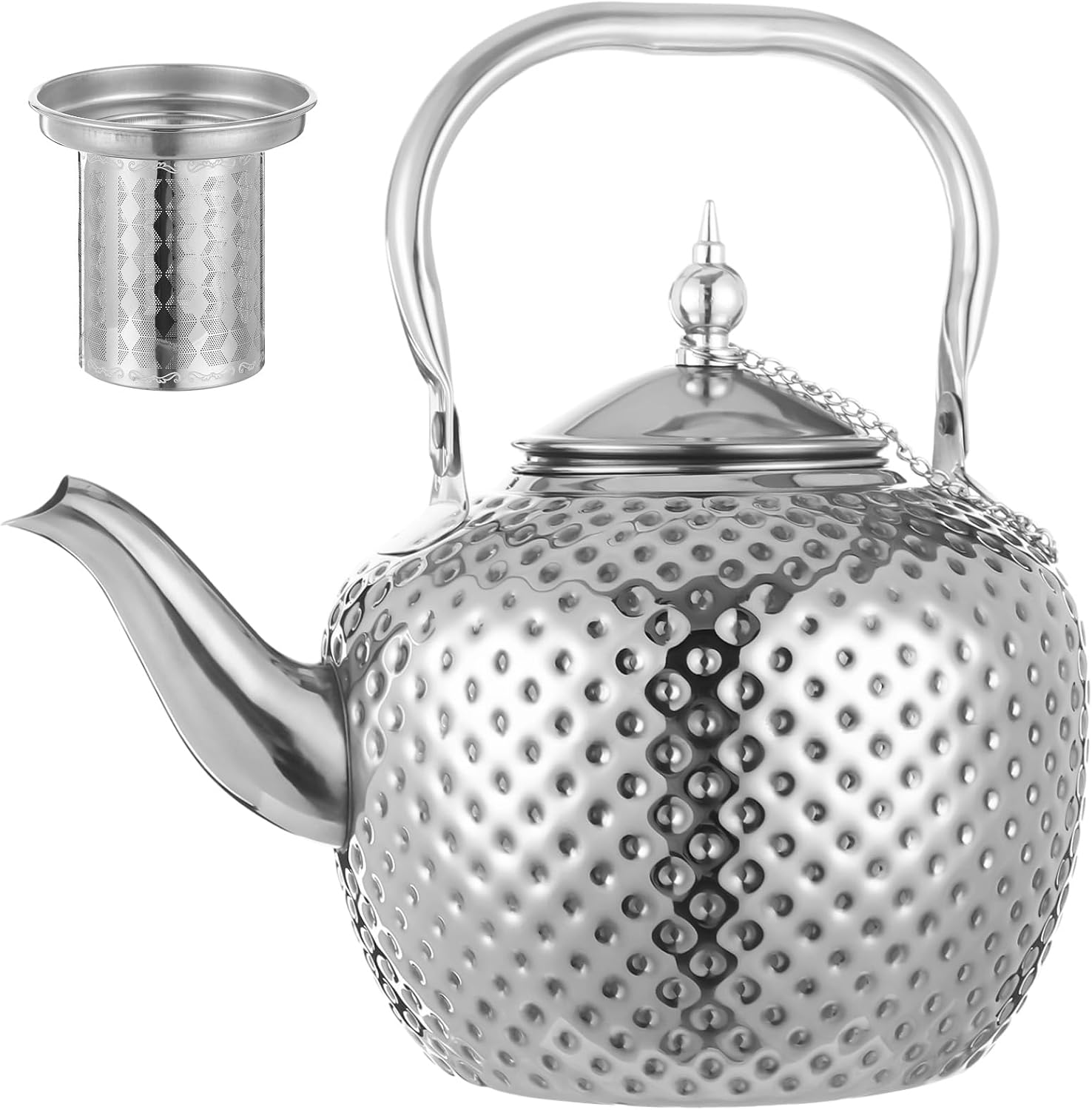 2000 ml Hammered Tea Kettle with Infuser, 68 oz Stainless Steel Loose Leaf Teapot with Gooseneck Spout, Stovetop Water Boiler with Strainer for Gas Induction Ceramic Stove