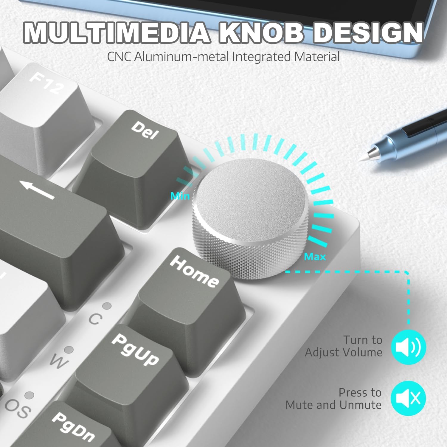 Close-up of the keyboard's multimedia knob, showing 'Min' and 'Max' indicators for volume adjustment and an icon for mute/unmute when pressed.