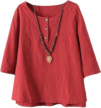 Minibee Womens 3/4 Sleeve Cotton Linen Jacquard Blouses Top T-Shirt
