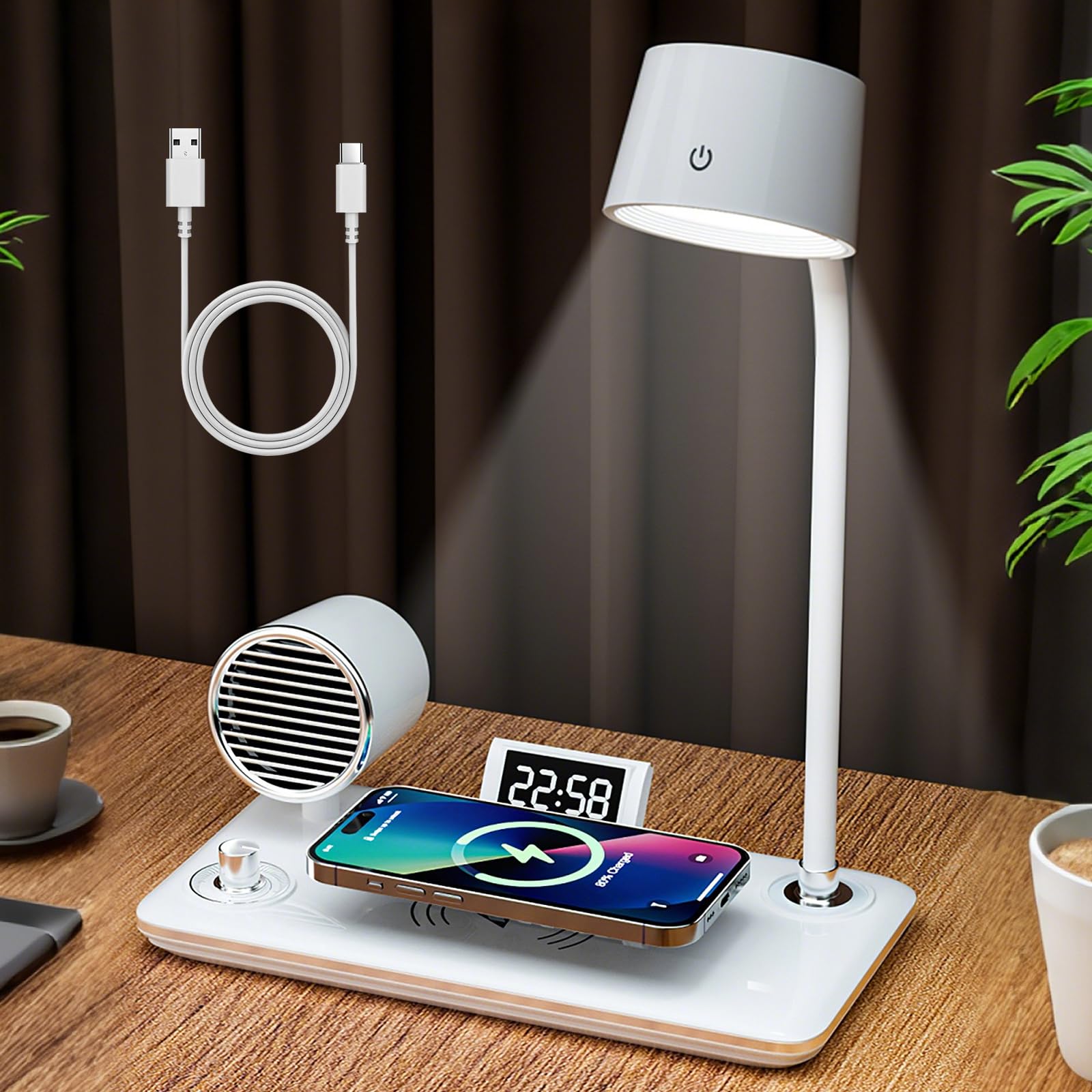 ZONJIE LáMpara De Escritorio Led Regulable con Reloj - USB Recargable De Forma InaláMbrica, LáMpara Mesa TáCtil Regulable 3 Modos de iluminación, Hora, Temperatura, Lectura FuncióN Memoria