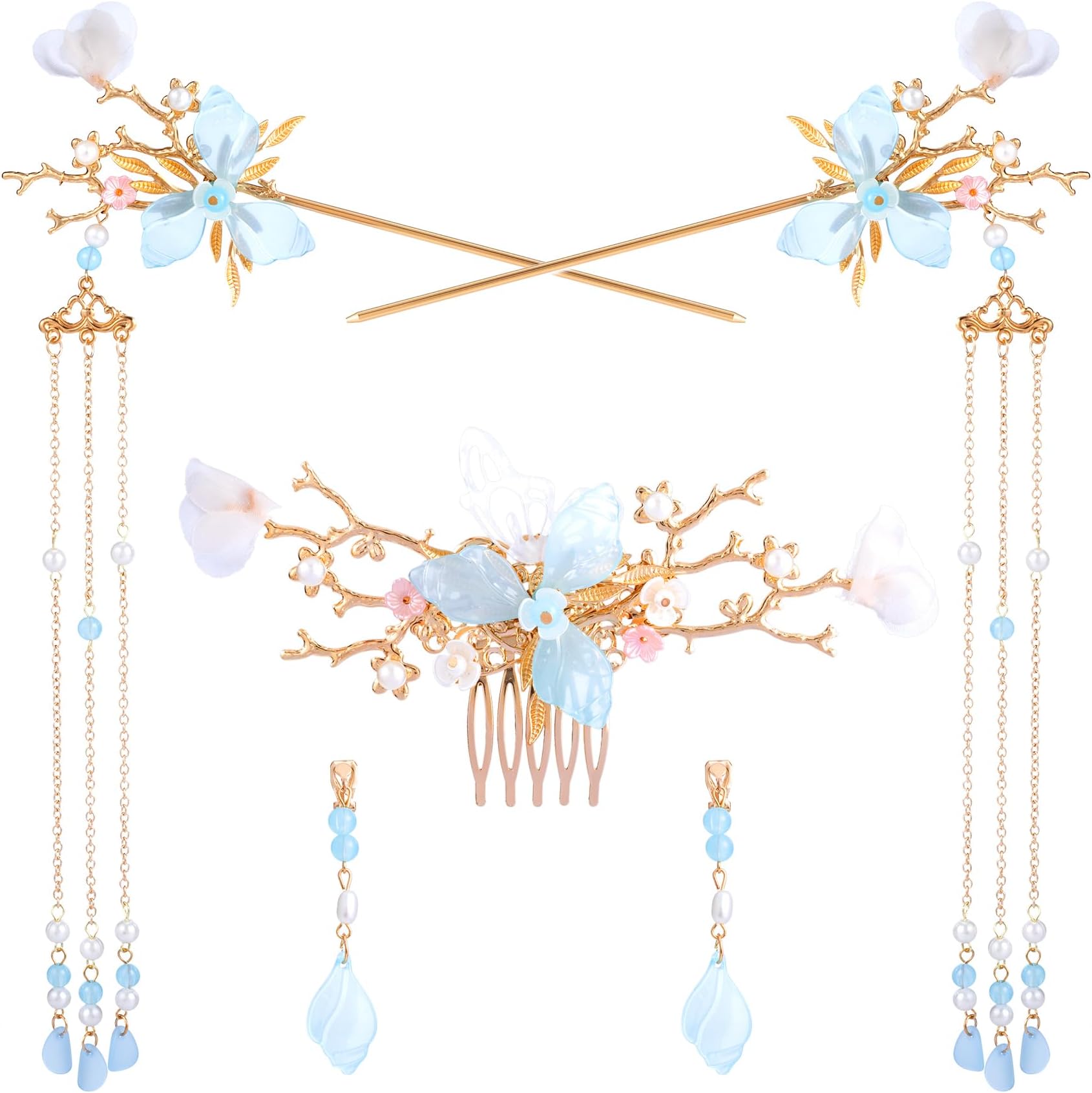 HINZIC 5pcs Flower Tassels Hairpin for Women, Non-Slip Crystal Pearl Greenstick Hair Clips, Retro Chinese Hanfu Wedding Brides Hair Accessories for Long Hair