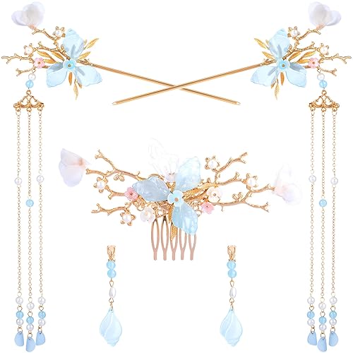 Miniatura 8 de HINZIC 5 piezas de horquilla con borlas de flores de orquídea, diamantes de imitación de cristal, perlas, tocados, retro, chinos, Hanfu, floral,