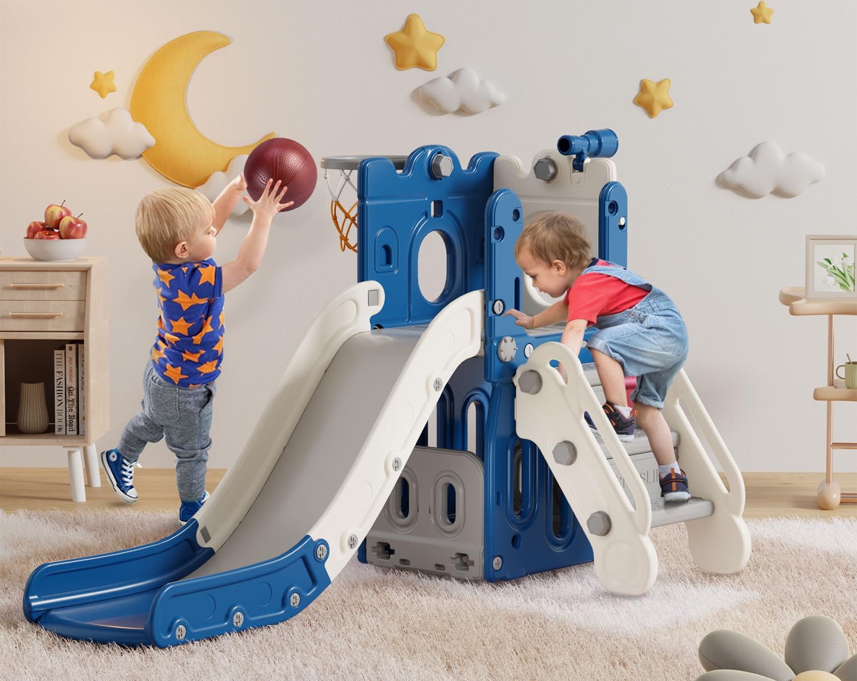 BIERUM 7 in 1 Toddler Slide, L-Shaped Kids Slide for Toddlers Age 1-3 with Basketball Hoop and Ball, Ring Toss, Storage Space, Outdoor and Indoor Slide Playset Toddler Playground Blue Gray