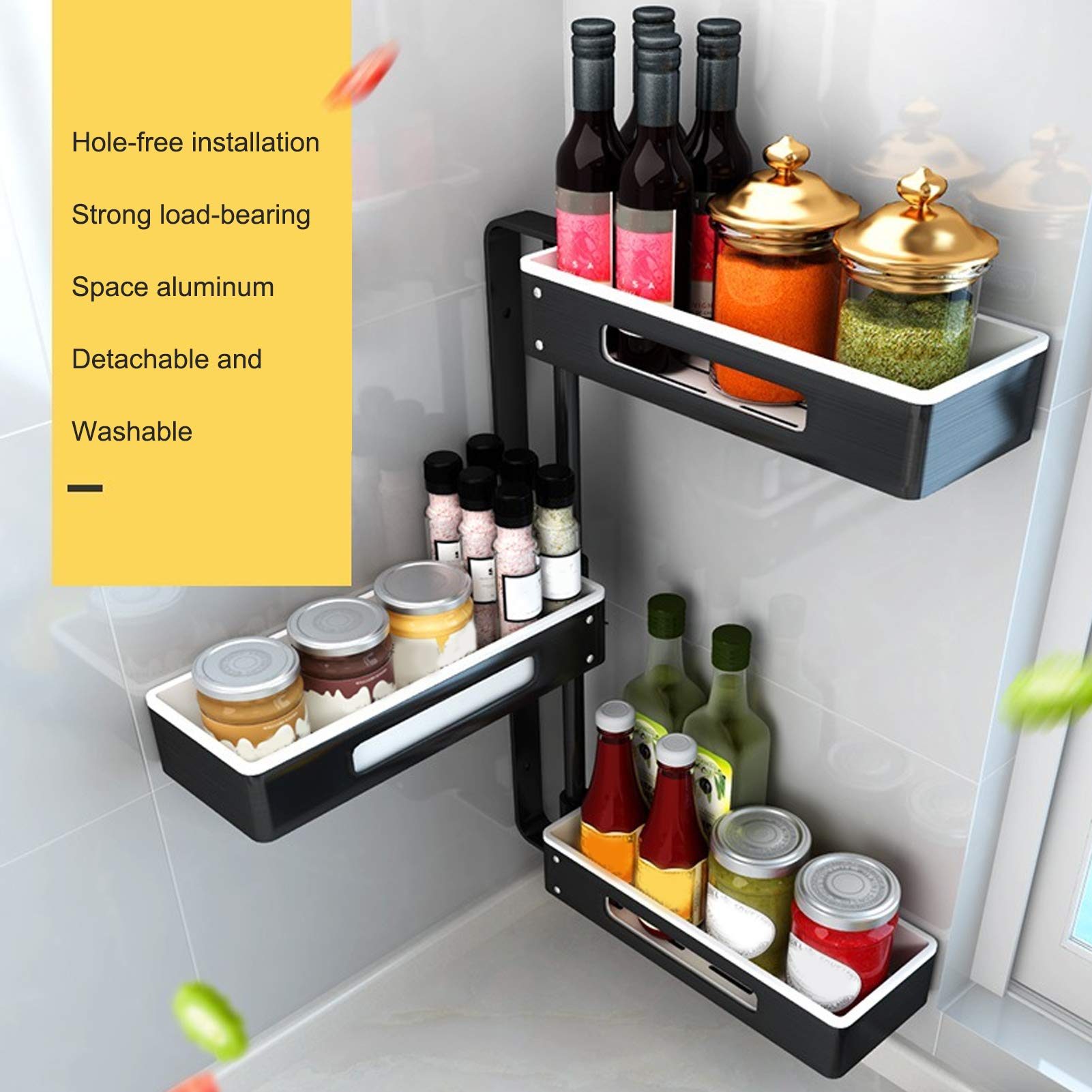 Estante de Cocina de 3 Capas, Estante Giratorio para Especias, Ajustable para Espacio de Cocina y Baño, Aluminio, Blanco y Negro, 59,4x35x13cm