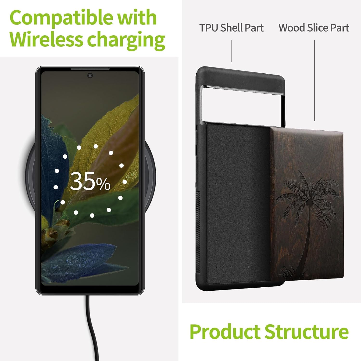 Carveit Wood Case for Pixel 6 Case [Solid Wood & Black Soft TPU] Shockproof Protective Natural Wooden Cover Compatible with Google Pixel 6 (The Palm Tree-Blackwood)