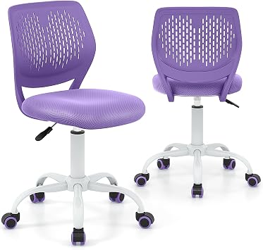 GLACER Kids Desk Chair, Armless Study Chair with Adjustable Height & Swivel, Low Back, Ergonomic Rolling Office Chair Computer Chair for Teens, Children Purple