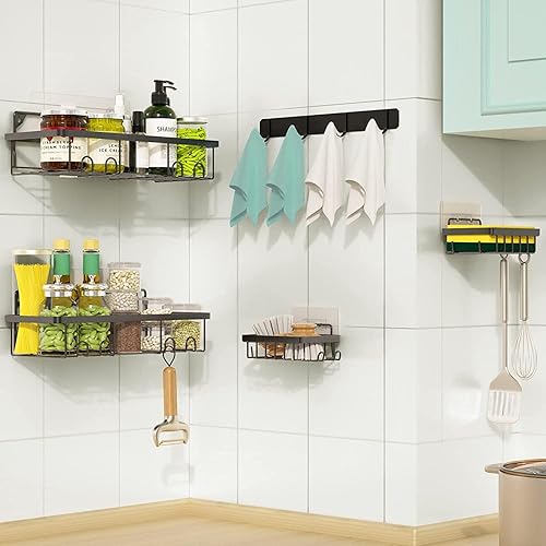 Miniatura 5 de 4Yes Organizador de ducha adhesivo, paquete de 5, organizador de ducha para baño, sin taladro, con dos estantes, dos soportes para jabón y toallero