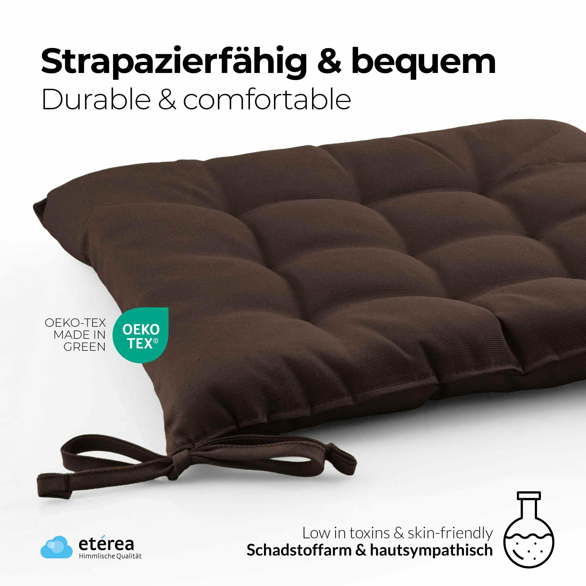 etérea 8er Set Sitzkissen Outdoor 40x40 mit Bändern - Stuhlkissen Braun für Gartenstuhl & Innenbereich - waschbare Sitzauflagen Gartenmöbel - 8 Stück Kissen 40x40 cm - Braun