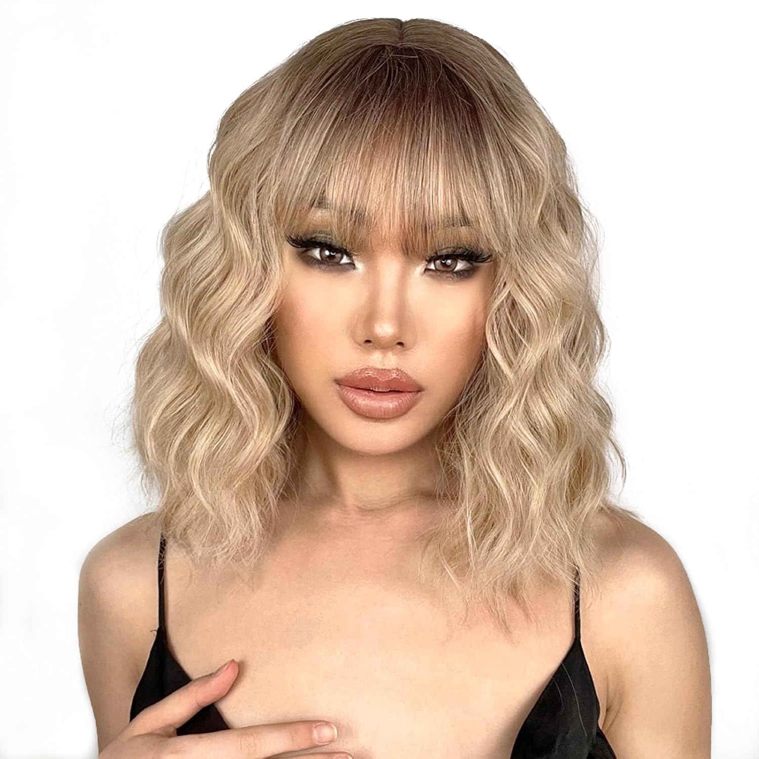 Blonde Wig with Bangs Synthetic Short Blonde Wigs for Women Dirty Blonde Wavy Wig for Daily Use