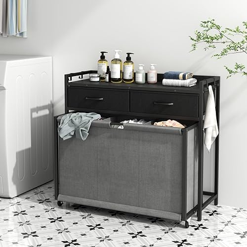 Miniatura 3 de Canasta de lavandería con bolsas enrollables extraíbles de 3 secciones, clasificador de ropa sucia con 2 cajones extraíbles para lavandería, baño,