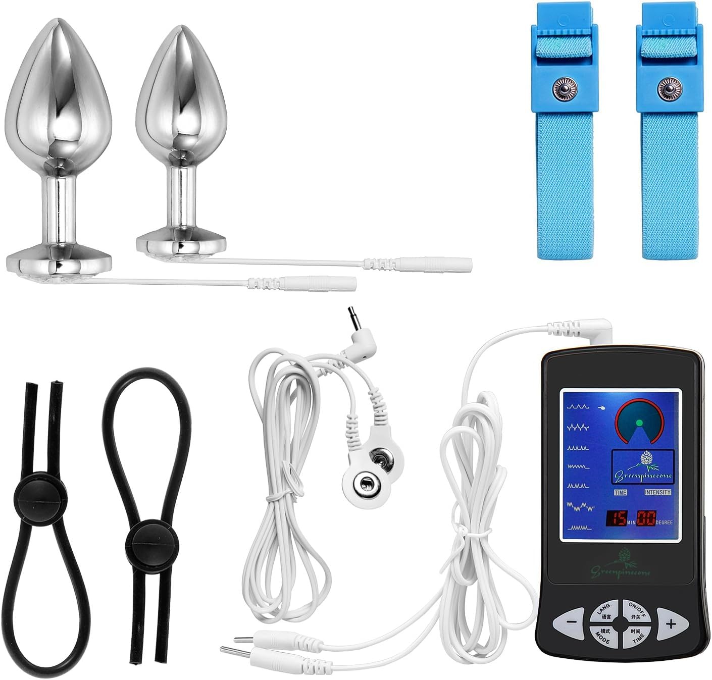 Set con coppia di eleganti plug anali elettrici da 32 mm e 25 mm, sex toy per elettrostimolazione, con 2 cock ring