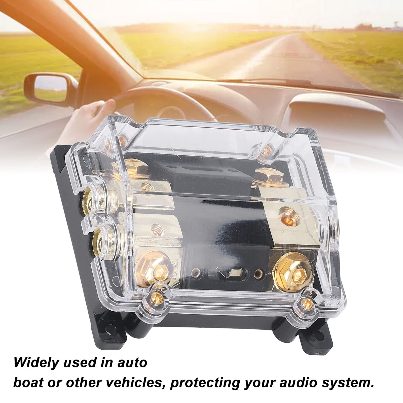 Aramox Blocco di Distribuzione dell'alimentazione con Fusibile In Lega di Zinco Placcato Oro Supporto ANL 0GA In 2 X 4GA Out 100A per Cablaggio Amplificatore Stereo per Auto In Auto Camion Barche