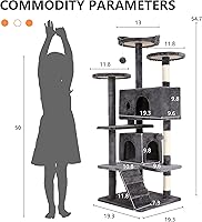 Vista 7 de BestPet Árbol para gatos de 54" Gris claro Centro de actividades de varios niveles, resistente, fácil de ensamblar, con postes de sisal