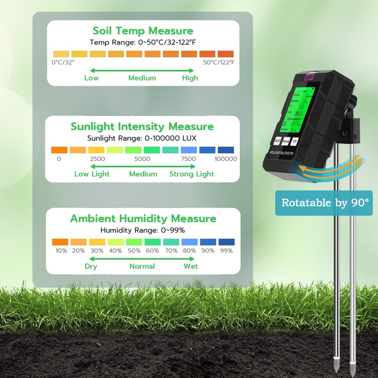 Testeur d'Humidité du Sol 6 en 1, Mesure pH, Fertilité, Lumière Soleil, Température, Hygromètre Plante pour Jardin, Potager et Plantes d'Intérieur