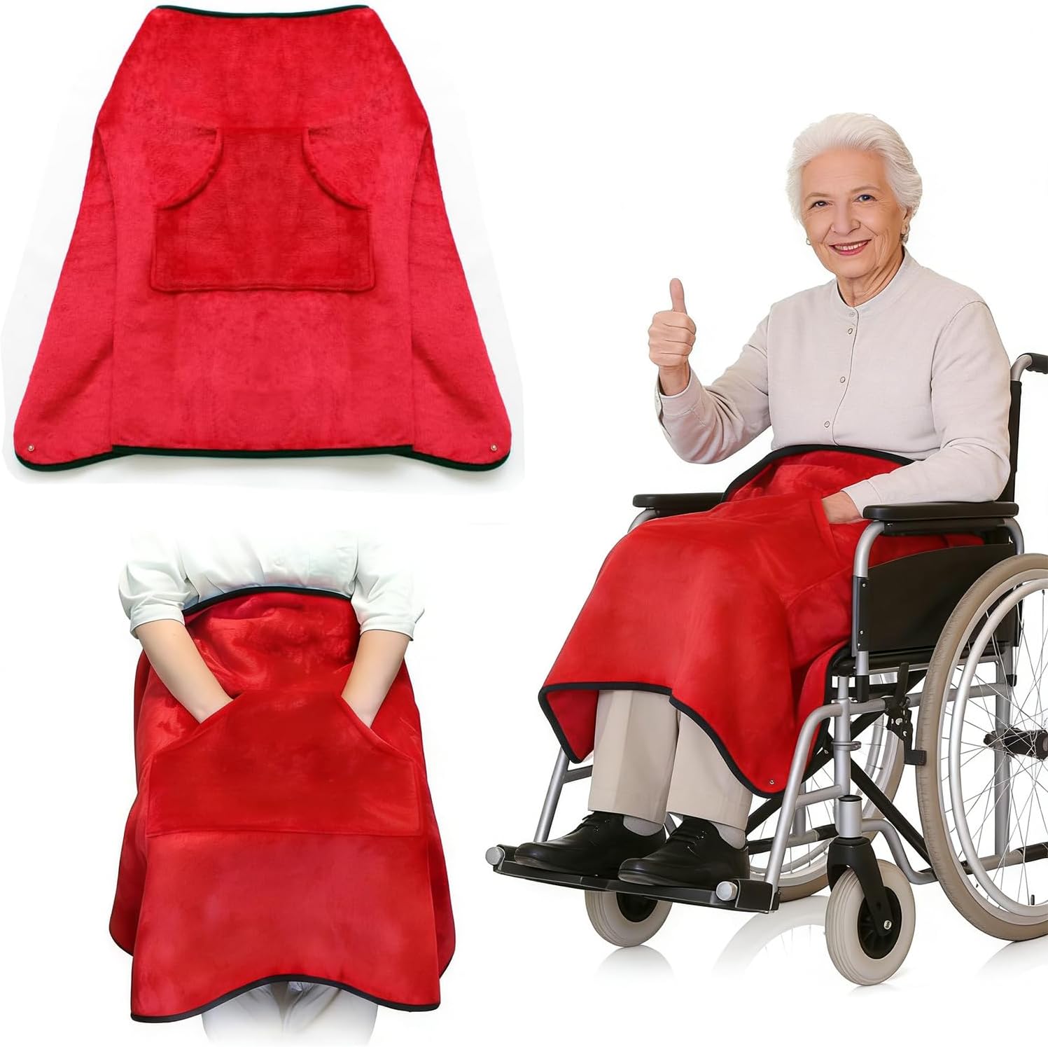 Lap Blanket for Elderly Lightweight Wheelchair Blanket with Pocket Plush Flannel Office Shawl for Sofa,Bed 43.3"*27.5" (Red)
