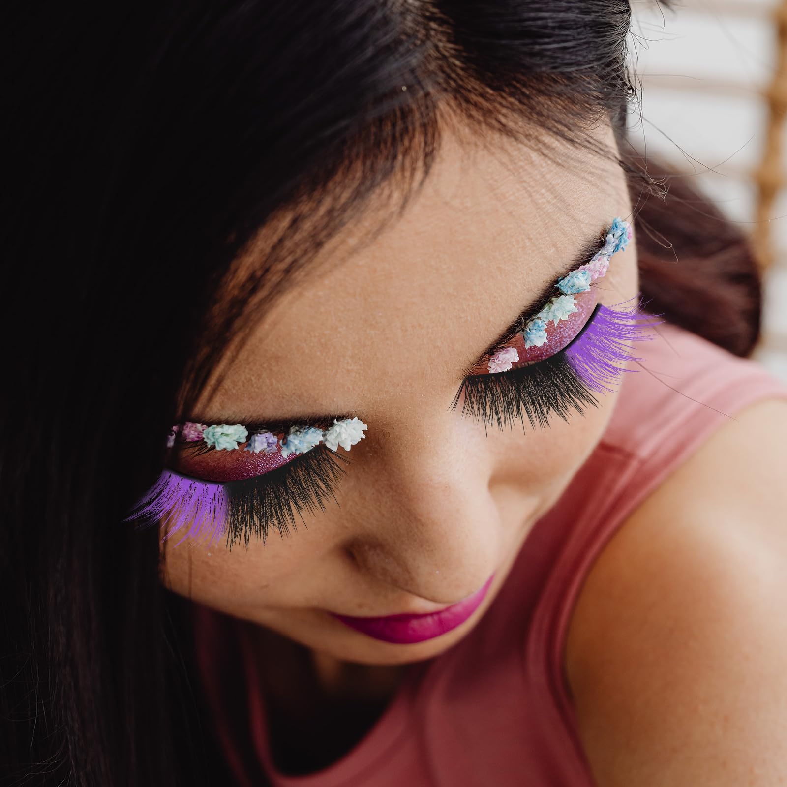 Housoutil Coloured False Eye Lashes, 5 works Purple Strip Lashes, Artificial Halloween Makeup Eyelashes - Image 2