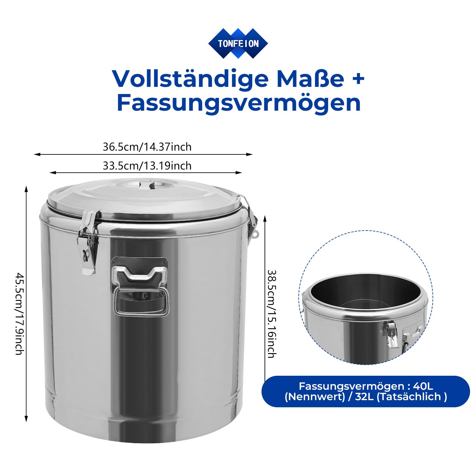 Thermobehälter Edelstahl 40L Thermoschüssel mit Deckel, Gummiring und Spannverschluss, Warmhaltebehälter Thermobox für Essen, Alle Arten Von Partys, Picknicks Im Freien