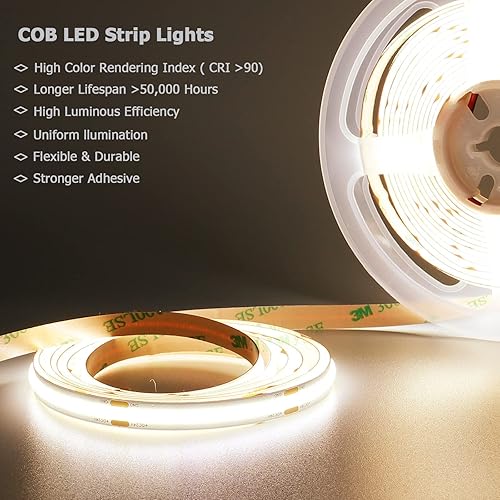 Miniatura 7 de GOMING Tira de luz LED COB DC de 24 V, blanco natural, 4000 K, 16.4 pies (16.4 ft), 1560 LED, CRI 93+ 4100 lm, brillo uniforme, flexible, IP20, no
