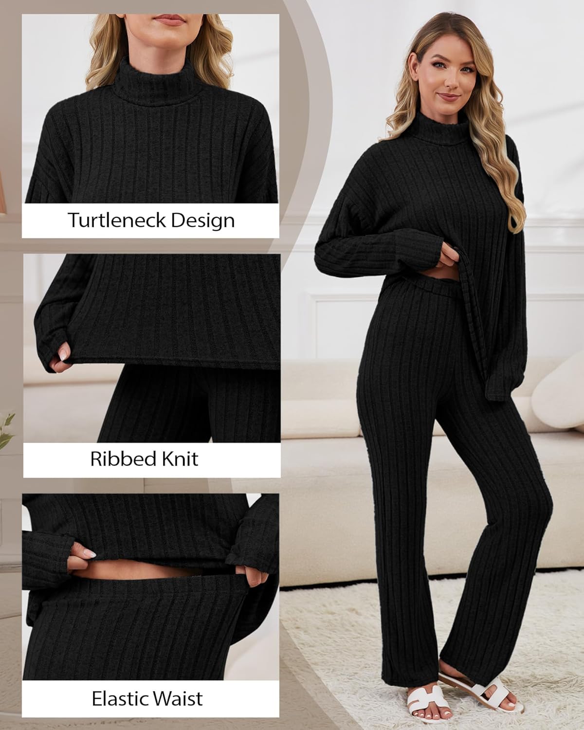 Women 2 Piece Lounge Set Long Sleeve Pajama Set Casual High Neck Loungewear Ribbed Knit Winter Warm Matching Outfit - Image 4
