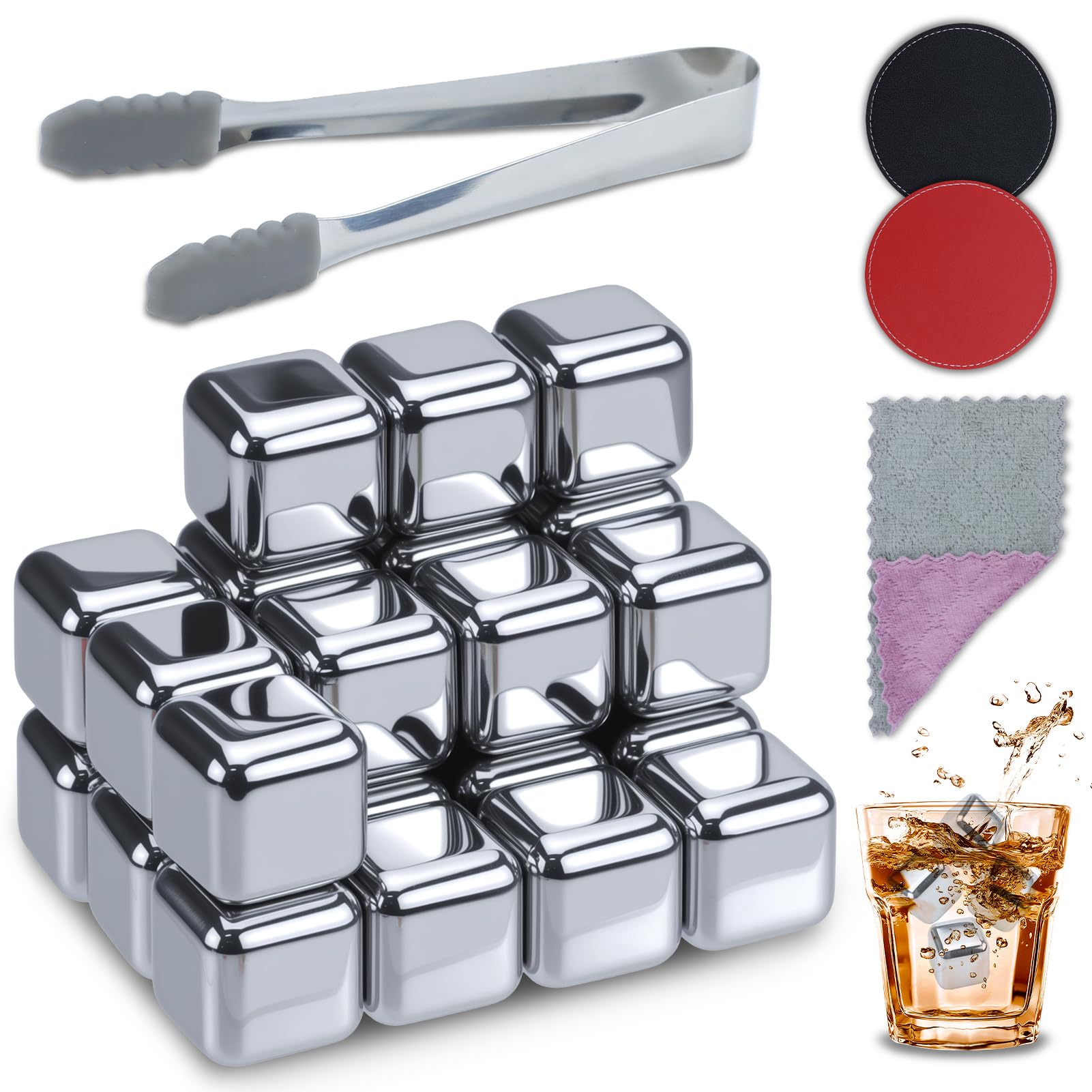 Glaçons Congelés en Acier Inoxydable,Lot de 24 Glaçons en Acier Inoxydable avec Clip,glaçons Réutilisables en acier inoxydable 304 de Qualité Alimentaire Metal Whiskey Stones pour whisky,vin