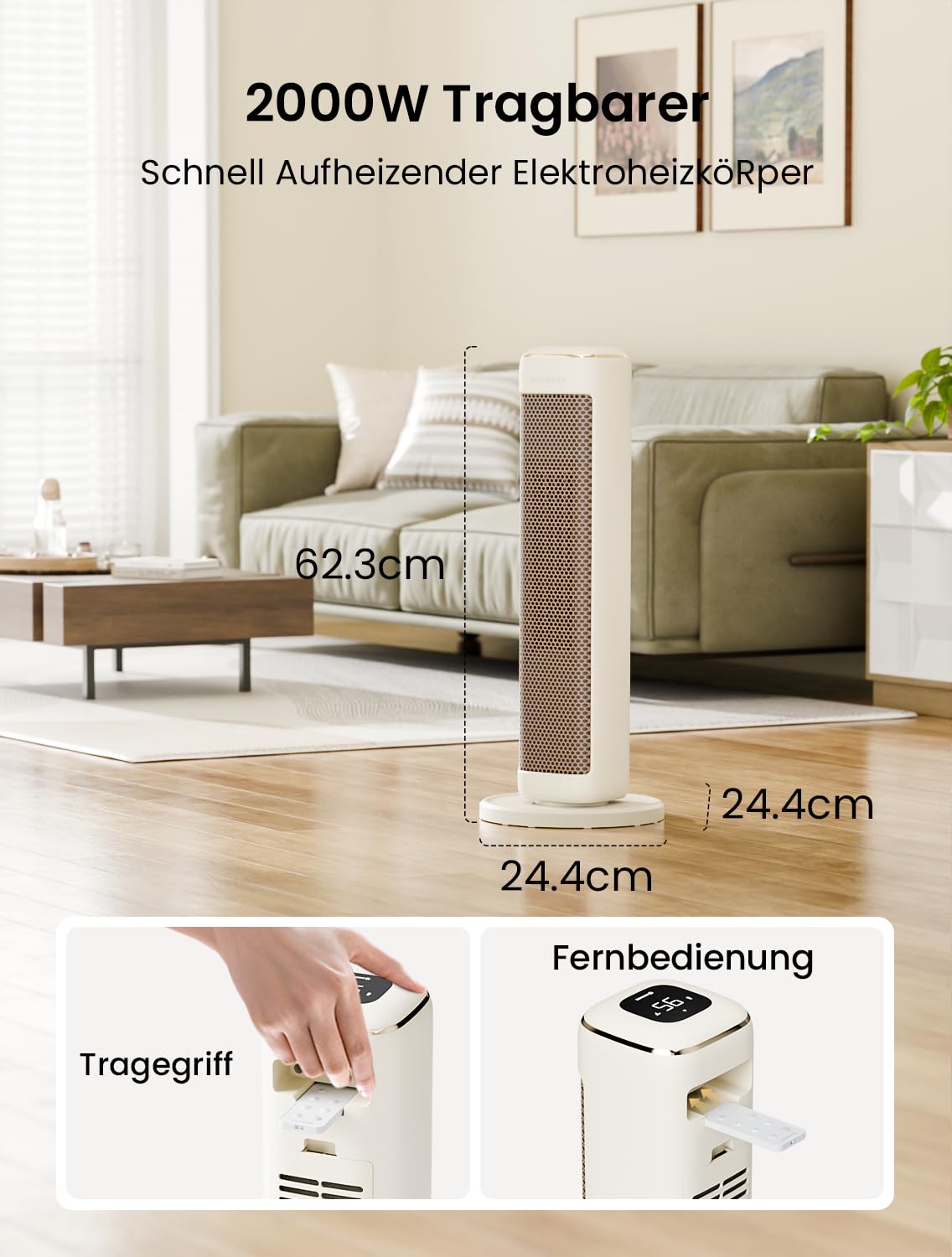 AIRMATE 63cm Heizlüfter Energiesparend, Keramik Heizlüfter Leise, 80° Oszillierend Heizung und Thermostat, 3 Modu, ECO, 24H Timer, 2000W Space Heater, Überhitzungs-Kippschutz