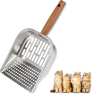 AFOLOREET Stainless Steel Cat Litter Scoop with Wooden Handle - Dual Mesh Sifter Pooper Scooper for Easy Clump Removal & Quick Cleaning