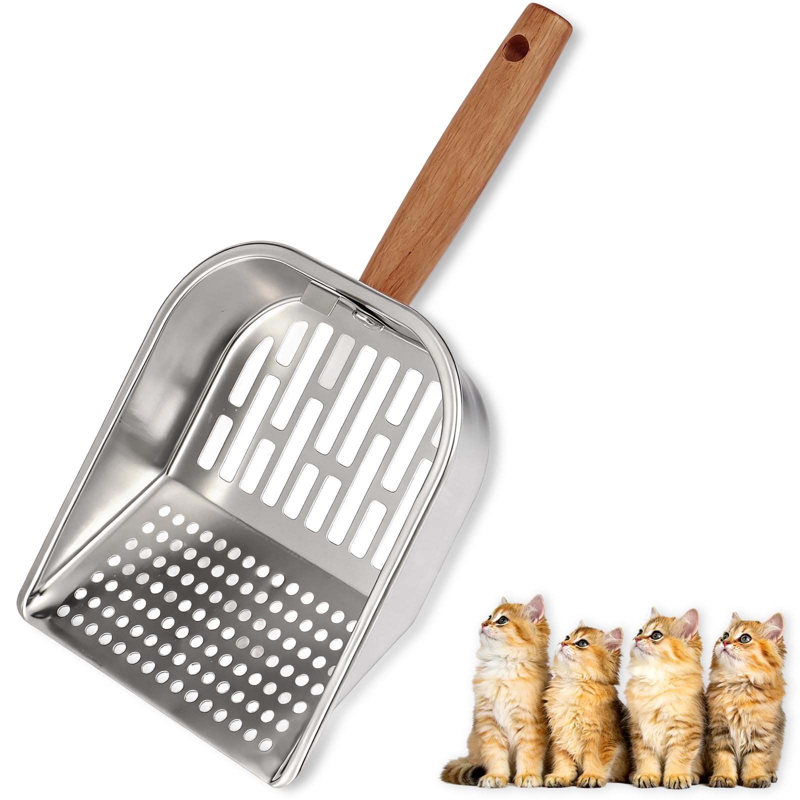 Litter Scooper, Metal Litter Scoop, Pooper Scooper with Wooden Handle, Cat Litter Scoop, Metal Scooper & Speed Sifter Deep Shovel Scoop Filter for Litter Box (Easy Assembly)