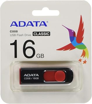 A-DATA TECHNOLOGY C008 16GB USB 2.0 Retractable Capless Flash Drive, Black/ Red AC008-16G-RKD