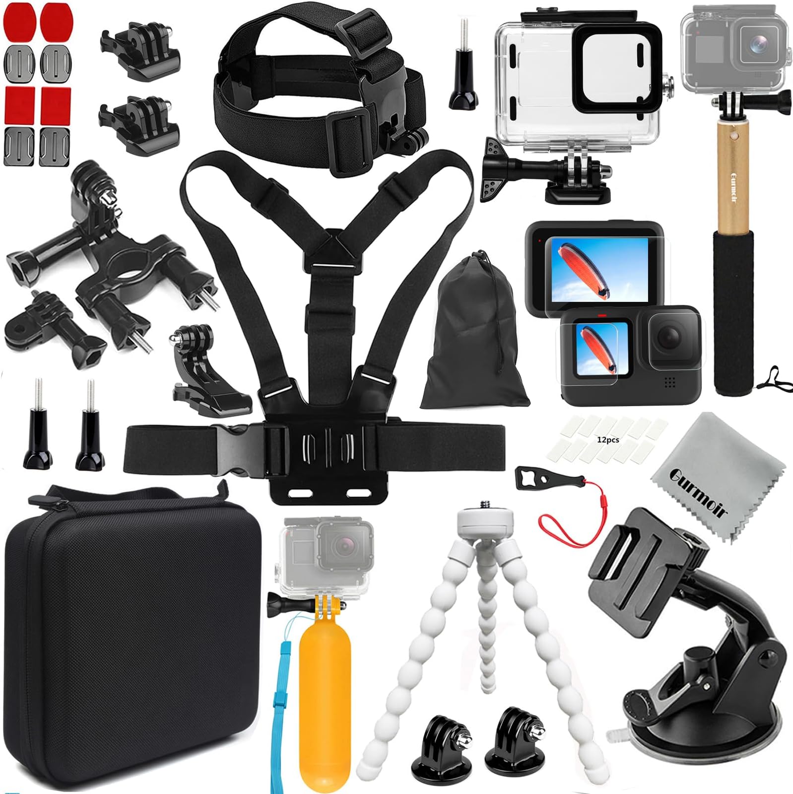 Gurmoir Full Essential Accessories Kit with Waterproof Housing Case for Gopro Hero 12/Hero 11/Hero 10/Hero 9 Black, Action Camera Video Accessory Kit Set Bundles for Go pro 12/11/10/9 Camera (PT10)