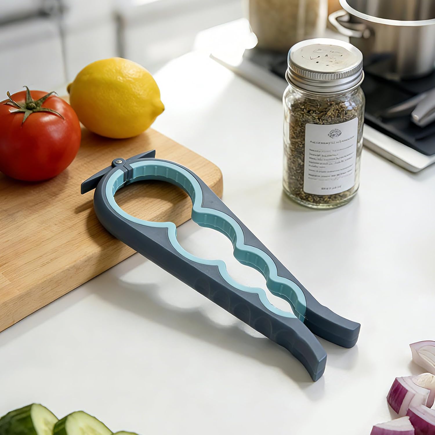 Multi-Use Jar, Bottle & Can Opener for Low Strength Hands, Easy-Grip Lid Remover Kitchen Tool