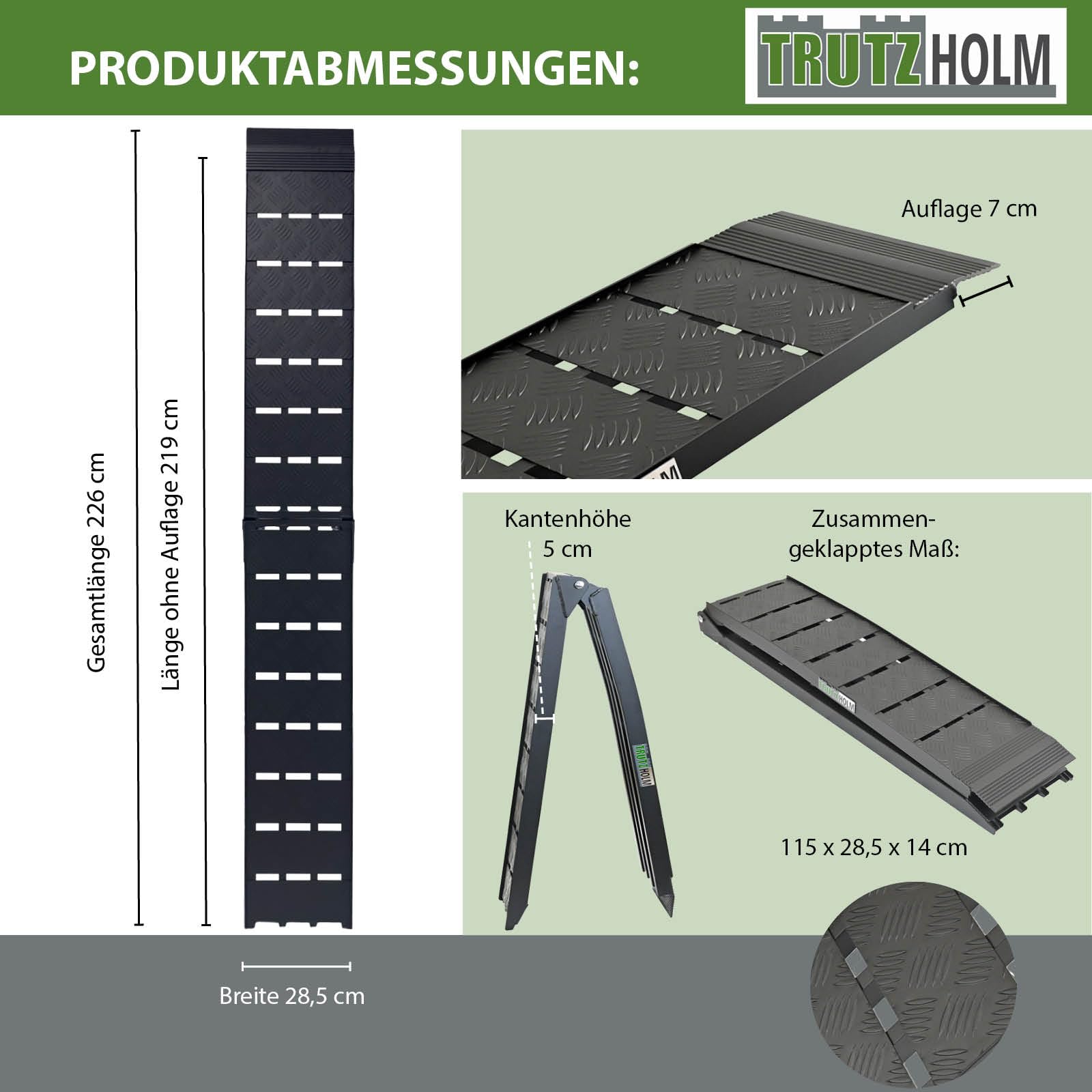 TRUTZHOLM 1 x Auffahrrampe 226 x 28,5 cm Traglast 680 kg Alu klappbar geriffelt Tränenblech schwarz Motorradrampe Quadrampe