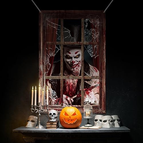 Miniatura 6 de Newwiee - 2 cortinas de Halloween aterradoras con silueta para ventana, decoración, póster temático para interiores y exteriores, fiestas, paredes