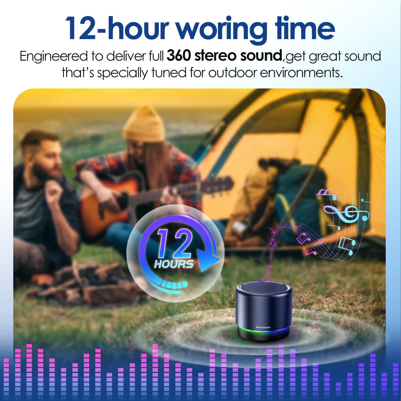Pequeño altavoz Bluetooth con luces, BT5.4, batería de 12 horas de duración y micrófono de reducción de ruido, altavoz inalámbrico portátil azul para el hogar, camping y aventuras al aire