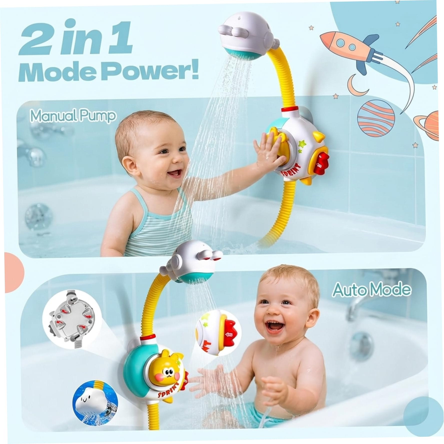 Giochi da bagno per bambini da 1 a 3 anni, Soffione doccia a forma di coniglio con batteria ricaricabile, Giochi da bagno per bambini da 3 5 anni, Modalità manuale e ricaricabile, Sciacquatrice del