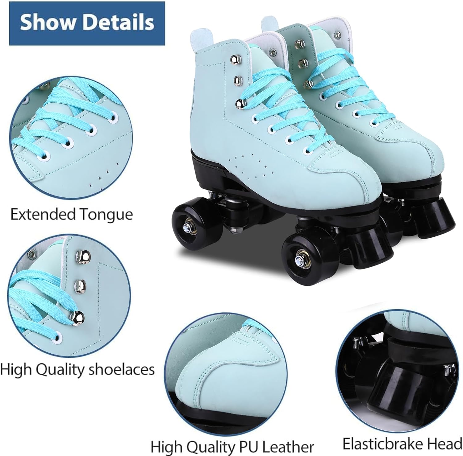 Skates Women's Men's High Top Black PU Leather Classic Double Row Adjustable Outdoor Indoor Quad Skates and Roller Derby