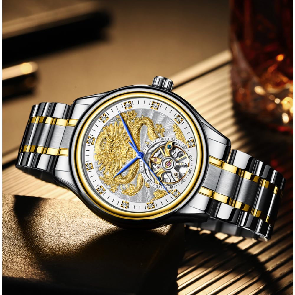 Luxuriöse ausgehöhlte Tourbillon Herren-Automatik-mechanische Uhr mit goldenem Drachenmuster geschnitztem Zifferblatt, Diamant-Skala Skelett-Armbanduhr, Edelstahl wasserdichtes Armband